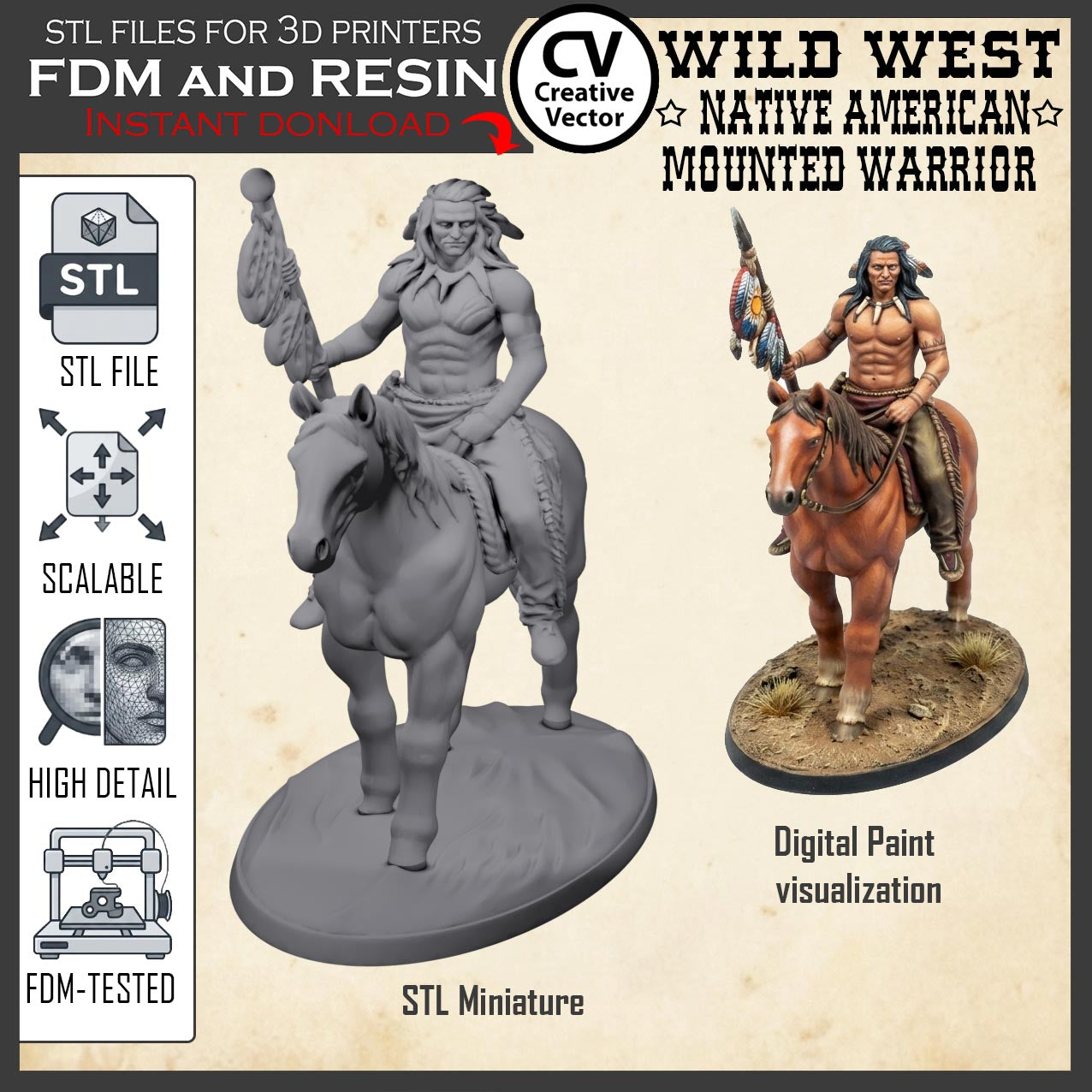 Wild West NATIVE AMERICAN MOUNTED WARRIOR STL File for 3D Print Miniature