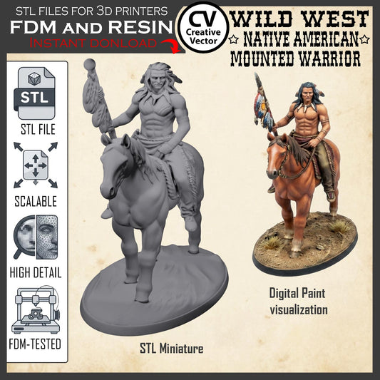 Wild West NATIVE AMERICAN MOUNTED WARRIOR STL File for 3D Print Miniature Indians
