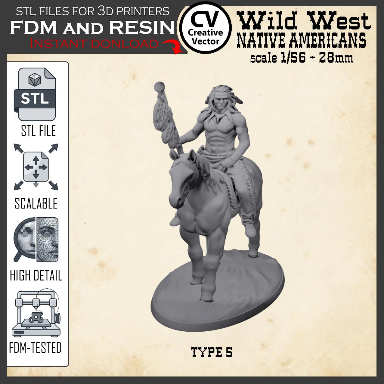 Wild West NATIVE AMERICAN MOUNTED WARRIOR STL File for 3D Print Miniature Indians
