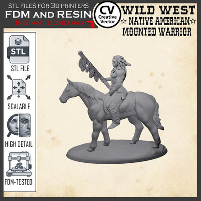 Wild West NATIVE AMERICAN MOUNTED WARRIOR STL File for 3D Print Miniature