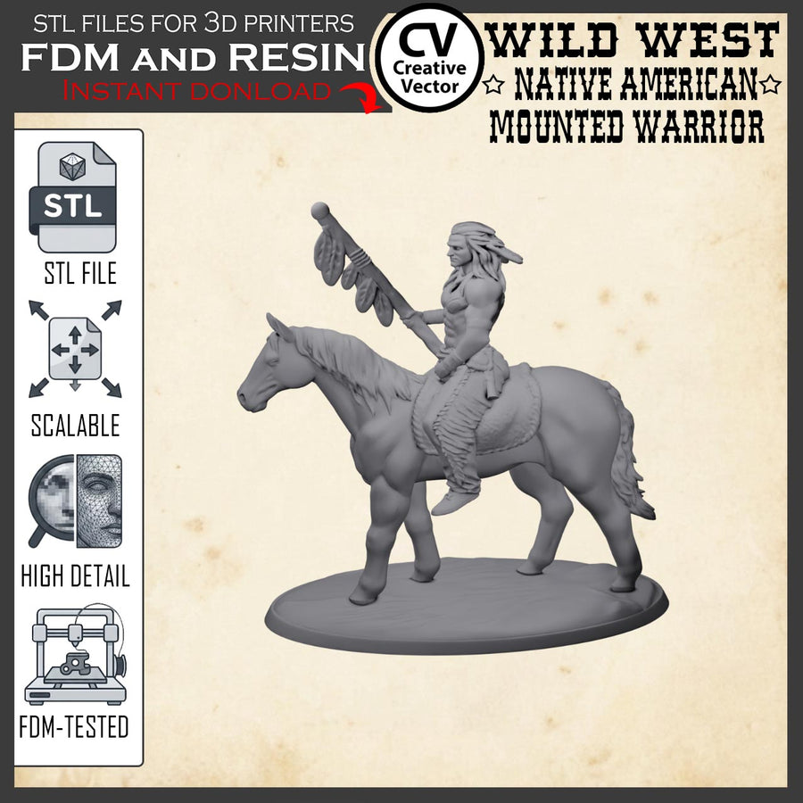 Wild West NATIVE AMERICAN MOUNTED WARRIOR STL File for 3D Print Miniature Indians