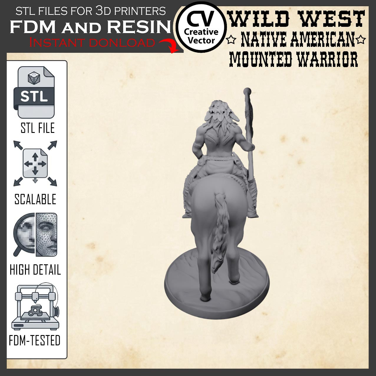 Wild West NATIVE AMERICAN MOUNTED WARRIOR STL File for 3D Print Miniature