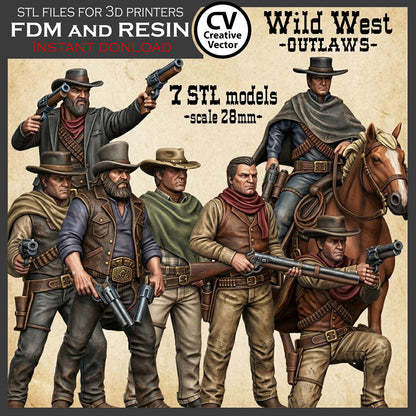 7 STL Files for 3D Printer Wild West OUTLAWS in 28mm