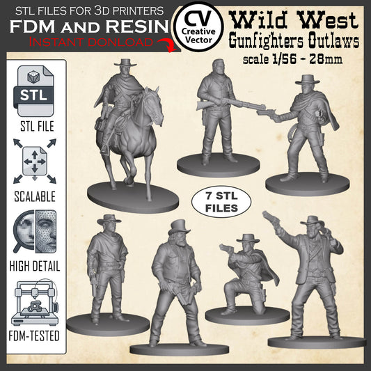 7 STL files Bundle OUTLAWS Wild West for 3D Print Miniatures  Gunfighters