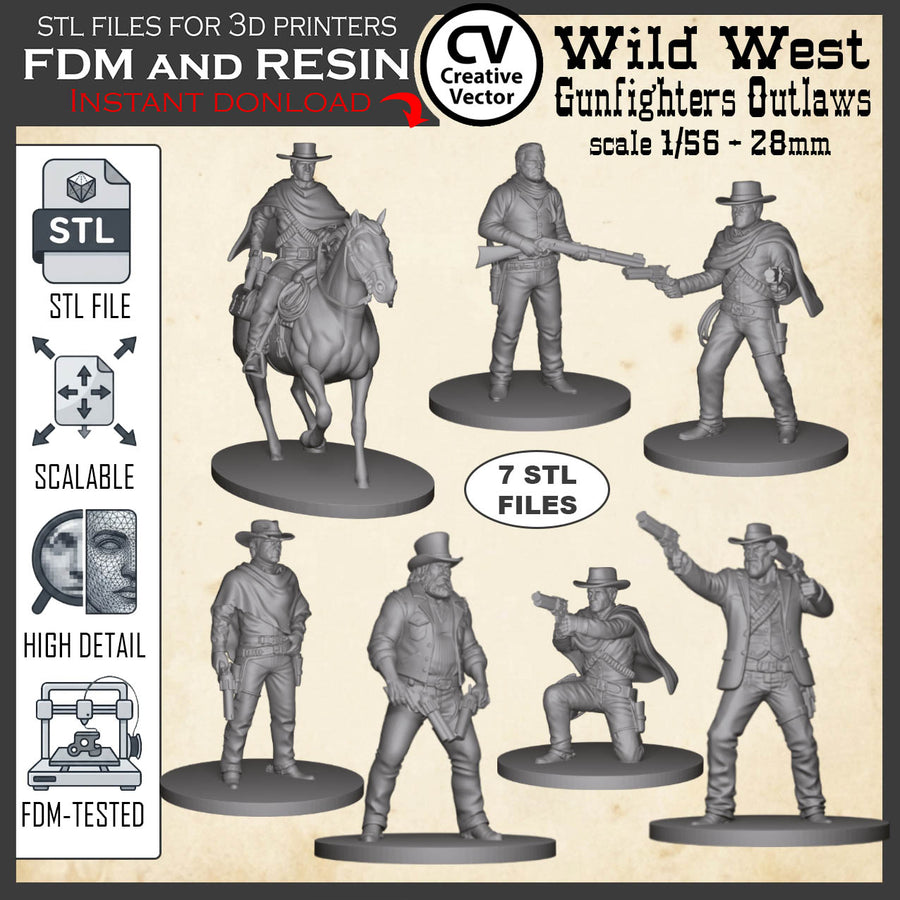 7 STL files Bundle OUTLAWS Wild West for 3D Print Miniatures  Gunfighters