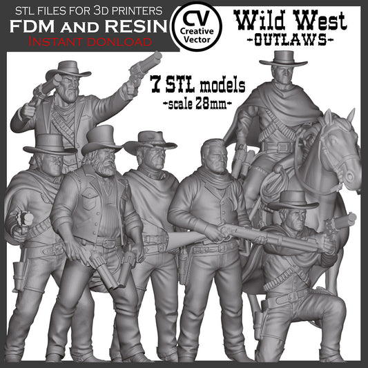 7 STL Files for 3D Printer Wild West OUTLAWS in 28mm