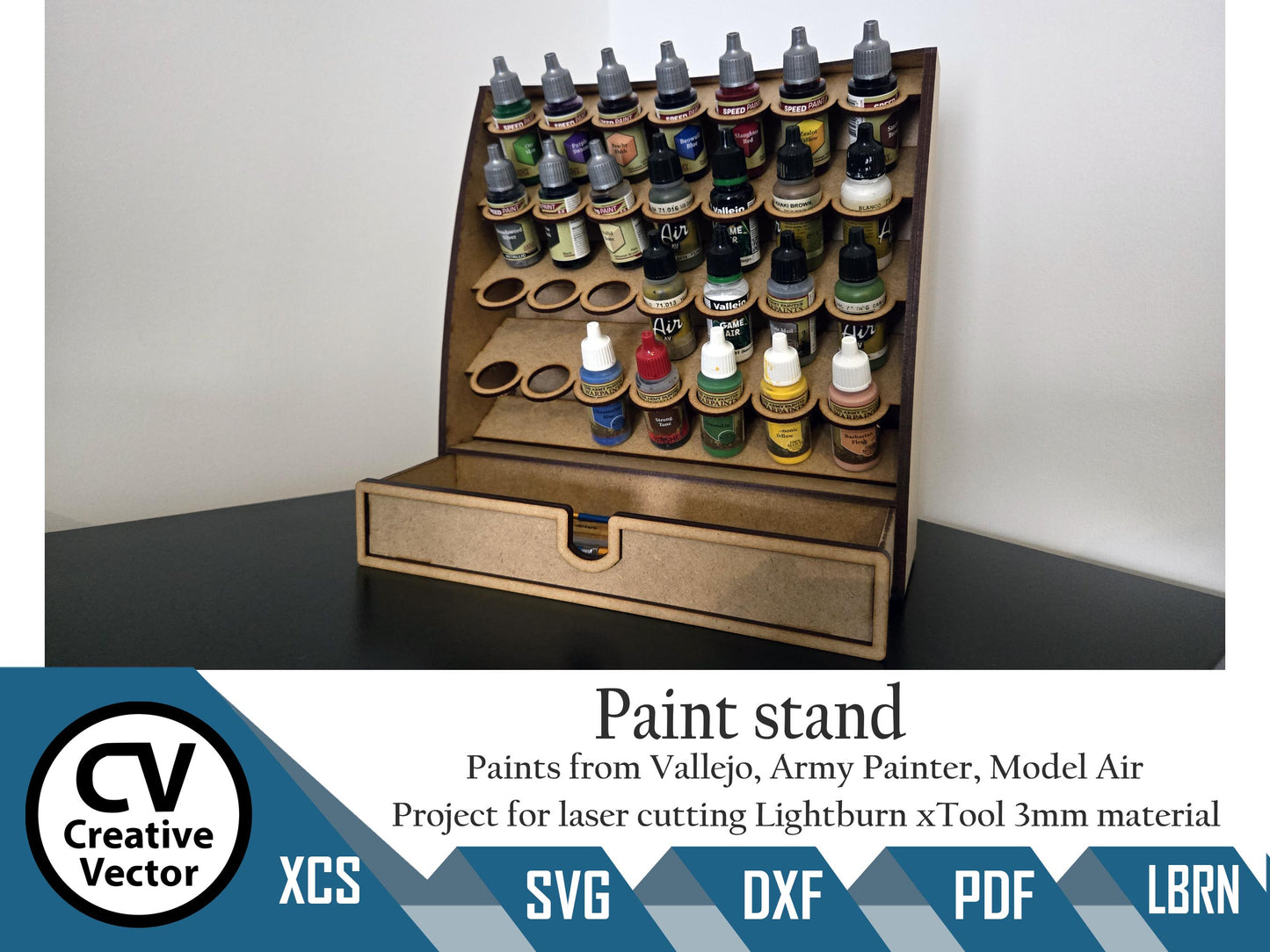 Paint Rack with Drawer for laser cutting For Vallejo Amry Painter Model Air