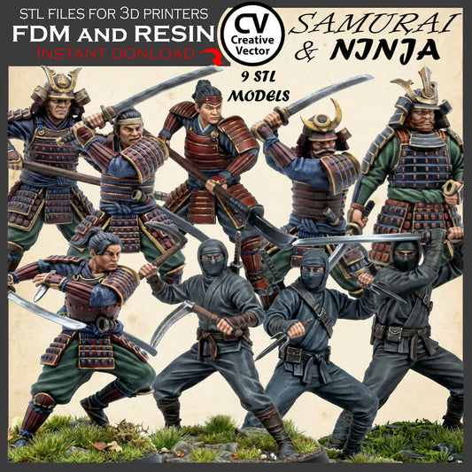 9 STL Files for 3D Printer SAMURAI & NINJA in scale 28mm 1/56