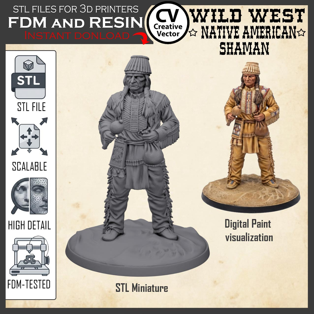 Wild West NATIVE AMERICAN SHAMAN STL File for 3D Print Miniature