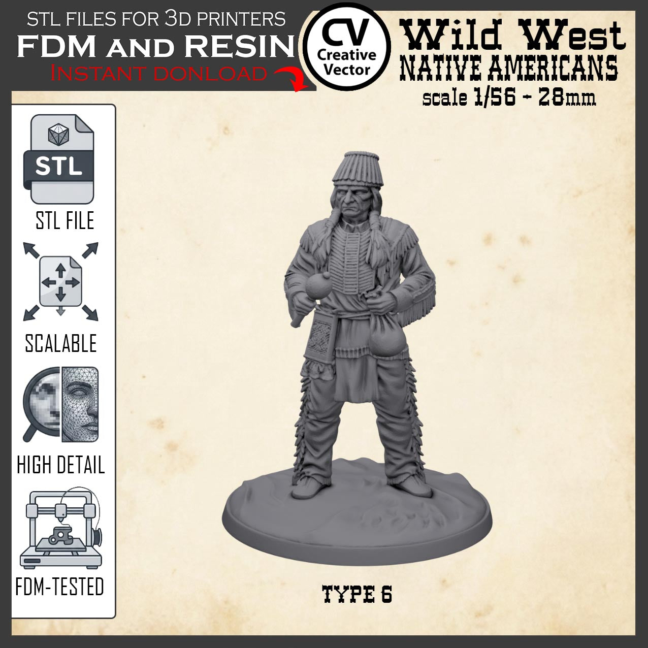 Wild West NATIVE AMERICAN SHAMAN STL File for 3D Print Miniature Indians