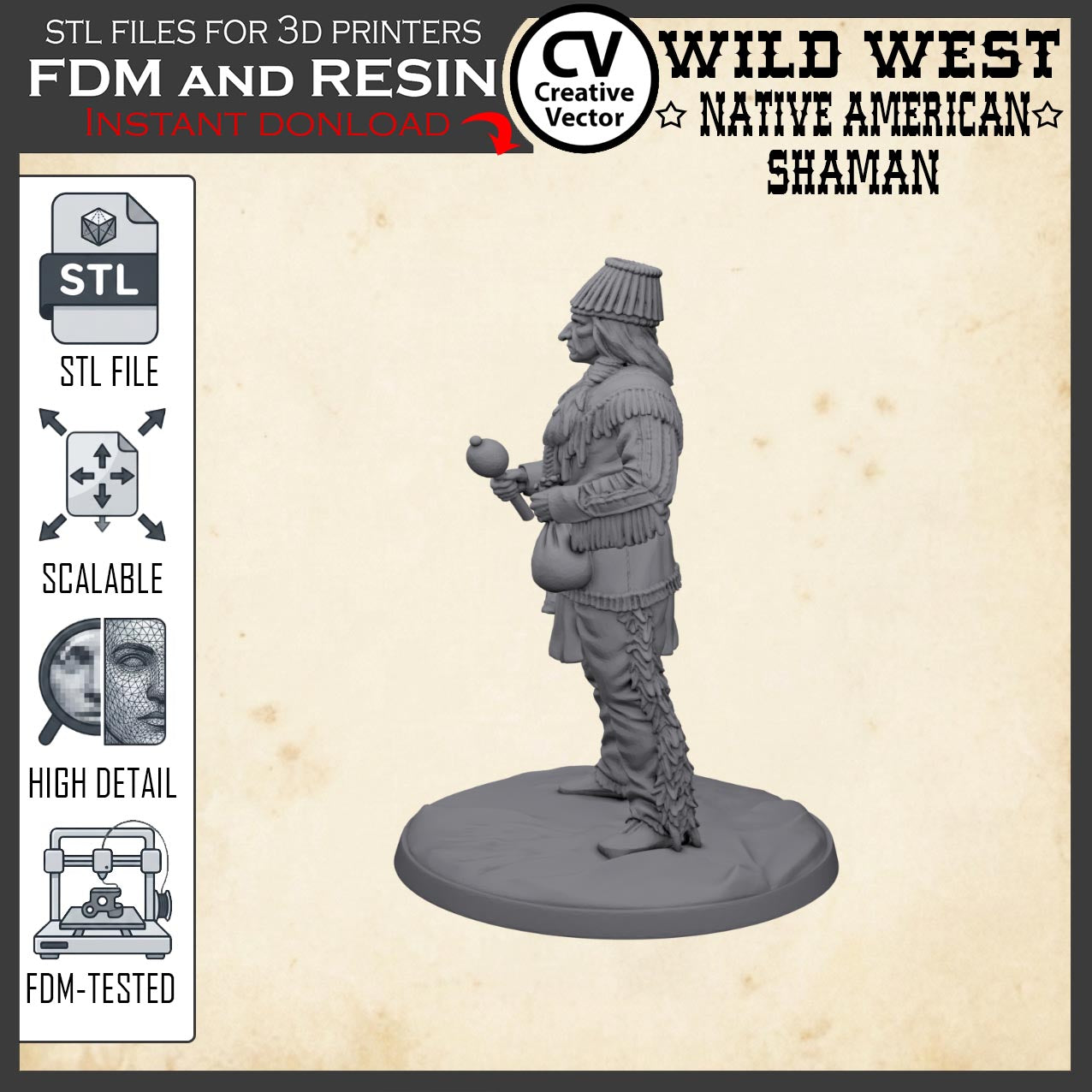 Wild West NATIVE AMERICAN SHAMAN STL File for 3D Print Miniature
