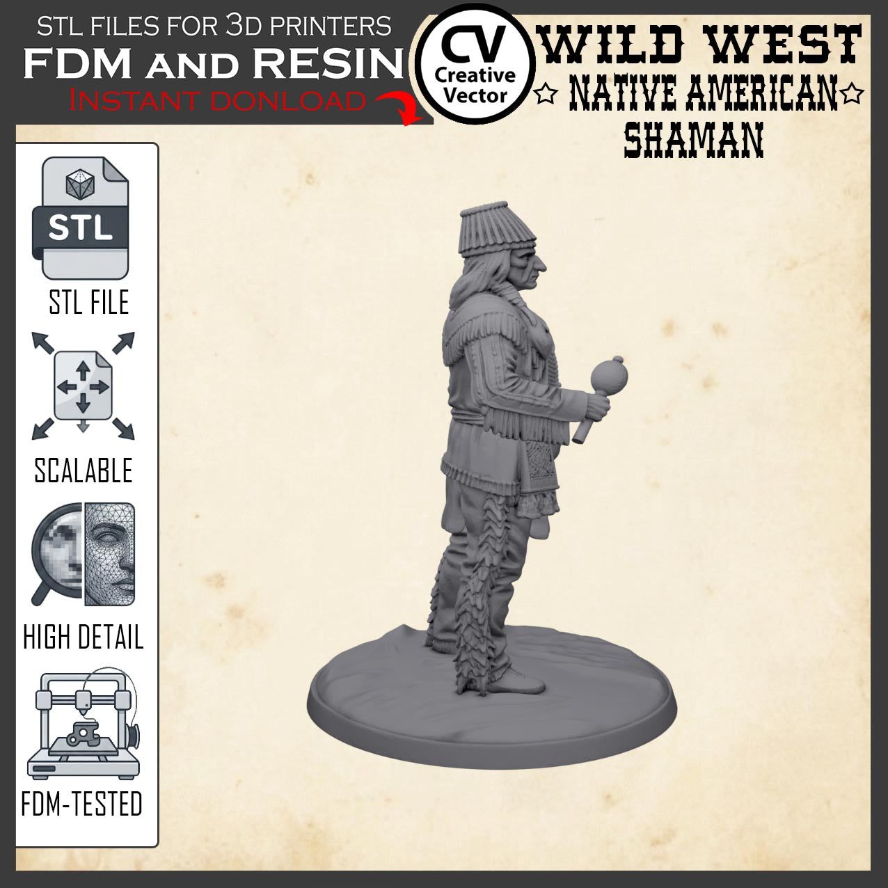 Wild West NATIVE AMERICAN SHAMAN STL File for 3D Print Miniature