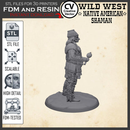 Wild West NATIVE AMERICAN SHAMAN STL File for 3D Print Miniature