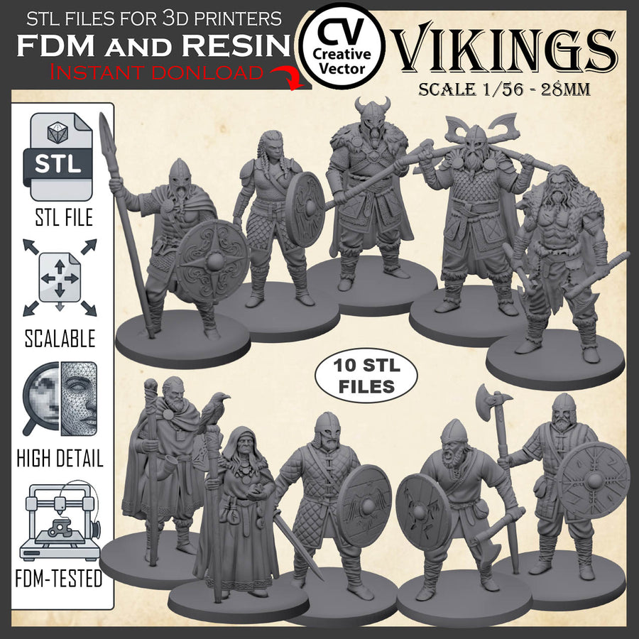 10 STL files Bundle VIKINGS for 3D Print Miniatures