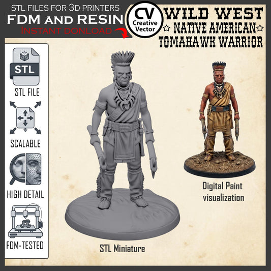 Wild West NATIVE AMERICAN TOMAHAWK WARRIOR STL File for 3D Print Miniature Indians