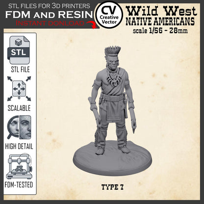 Wild West NATIVE AMERICAN TOMAHAWK WARRIOR STL File for 3D Print Miniature Indians