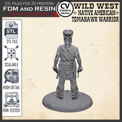 Wild West NATIVE AMERICAN TOMAHAWK WARRIOR STL File for 3D Print Miniature