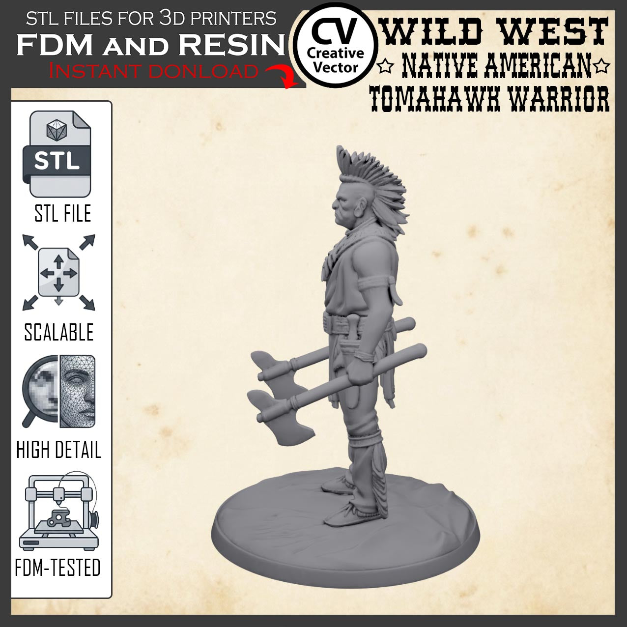 Wild West NATIVE AMERICAN TOMAHAWK WARRIOR STL File for 3D Print Miniature