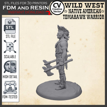 Wild West NATIVE AMERICAN TOMAHAWK WARRIOR STL File for 3D Print Miniature