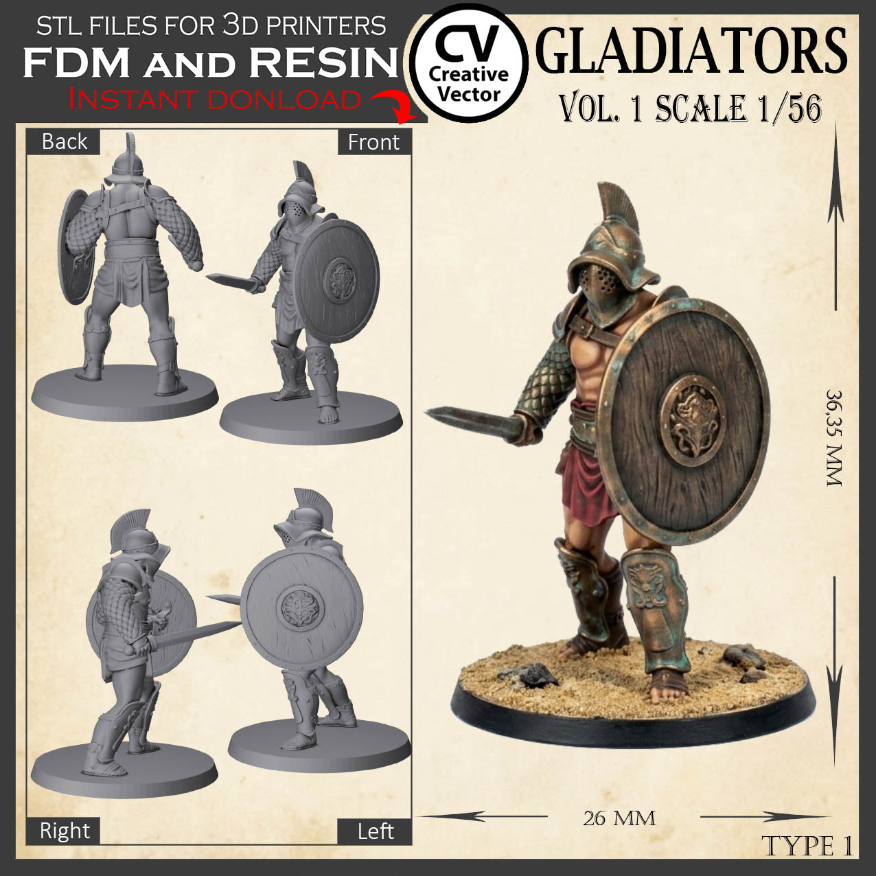 9 GLADIATORS STL Set Vol. 1 - 3D Print Files STL files in scale 28mm 1/56 on Bases