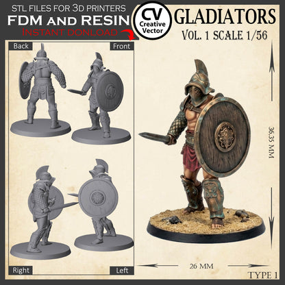 9 GLADIATORS STL Set Vol. 1 - 3D Print Files STL files in scale 28mm 1/56 on Bases
