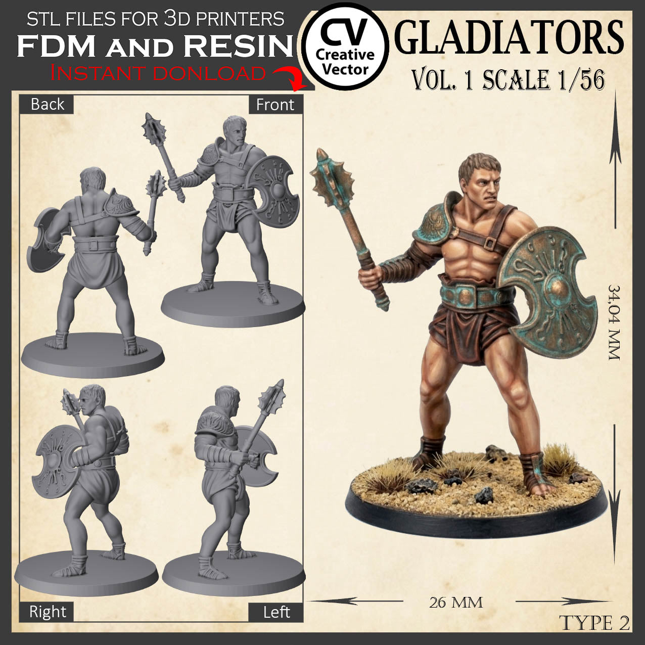 9 GLADIATORS STL Set Vol. 1 - 3D Print Files STL files in scale 28mm 1/56 on Bases