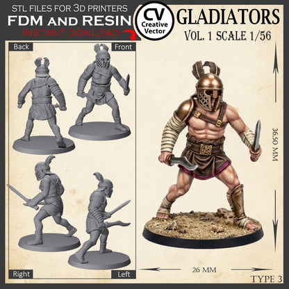 9 GLADIATORS STL Set Vol. 1 - 3D Print Files STL files in scale 28mm 1/56 on Bases