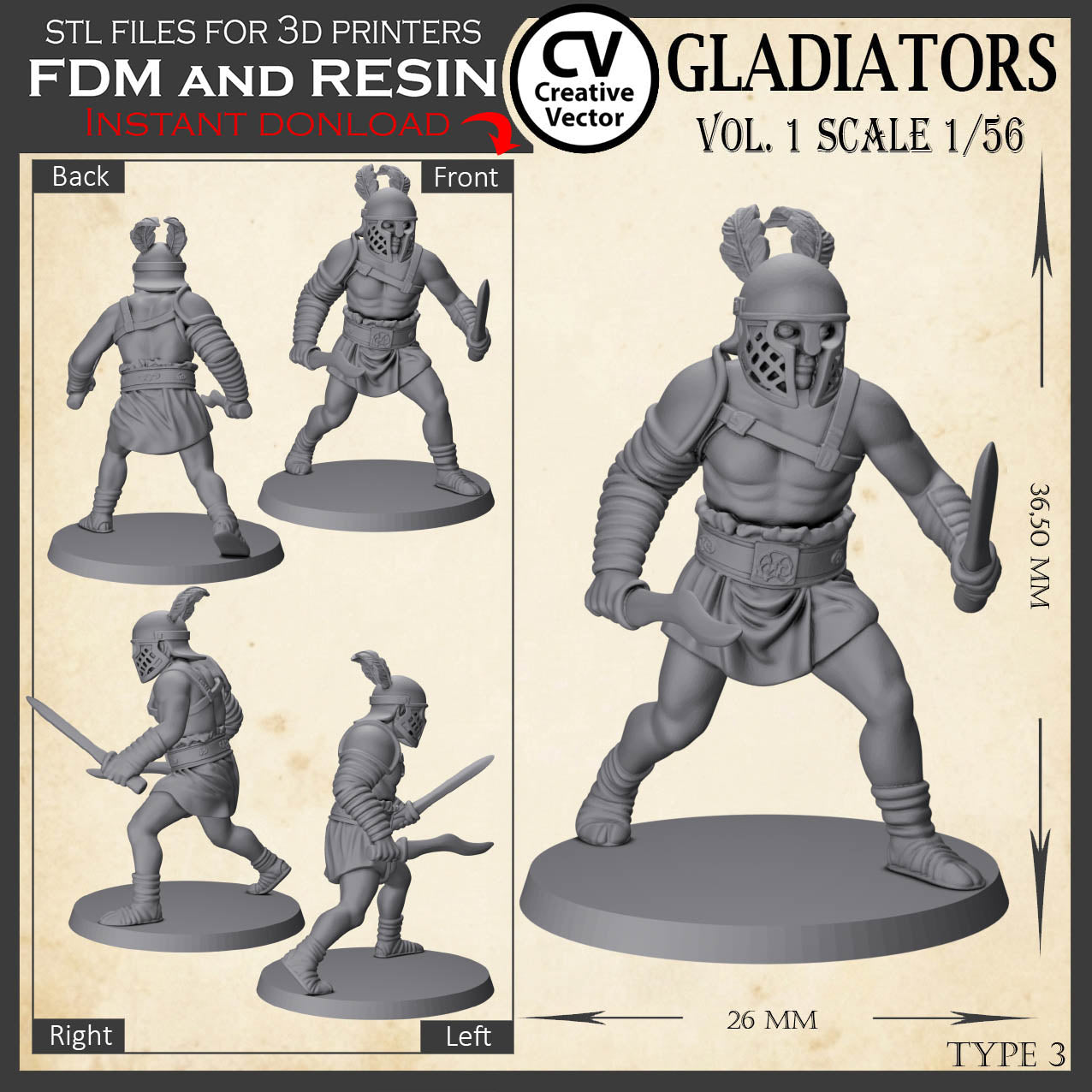 9 STL files Bundle GLADIATORS Vol. 1 - 3D Print Files Miniatures