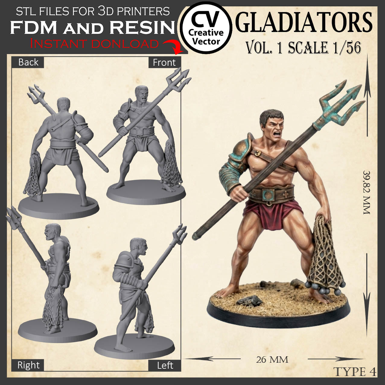 9 GLADIATORS STL Set Vol. 1 - 3D Print Files STL files in scale 28mm 1/56 on Bases