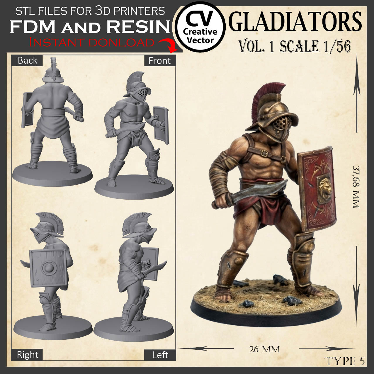 9 GLADIATORS STL Set Vol. 1 - 3D Print Files STL files in scale 28mm 1/56 on Bases