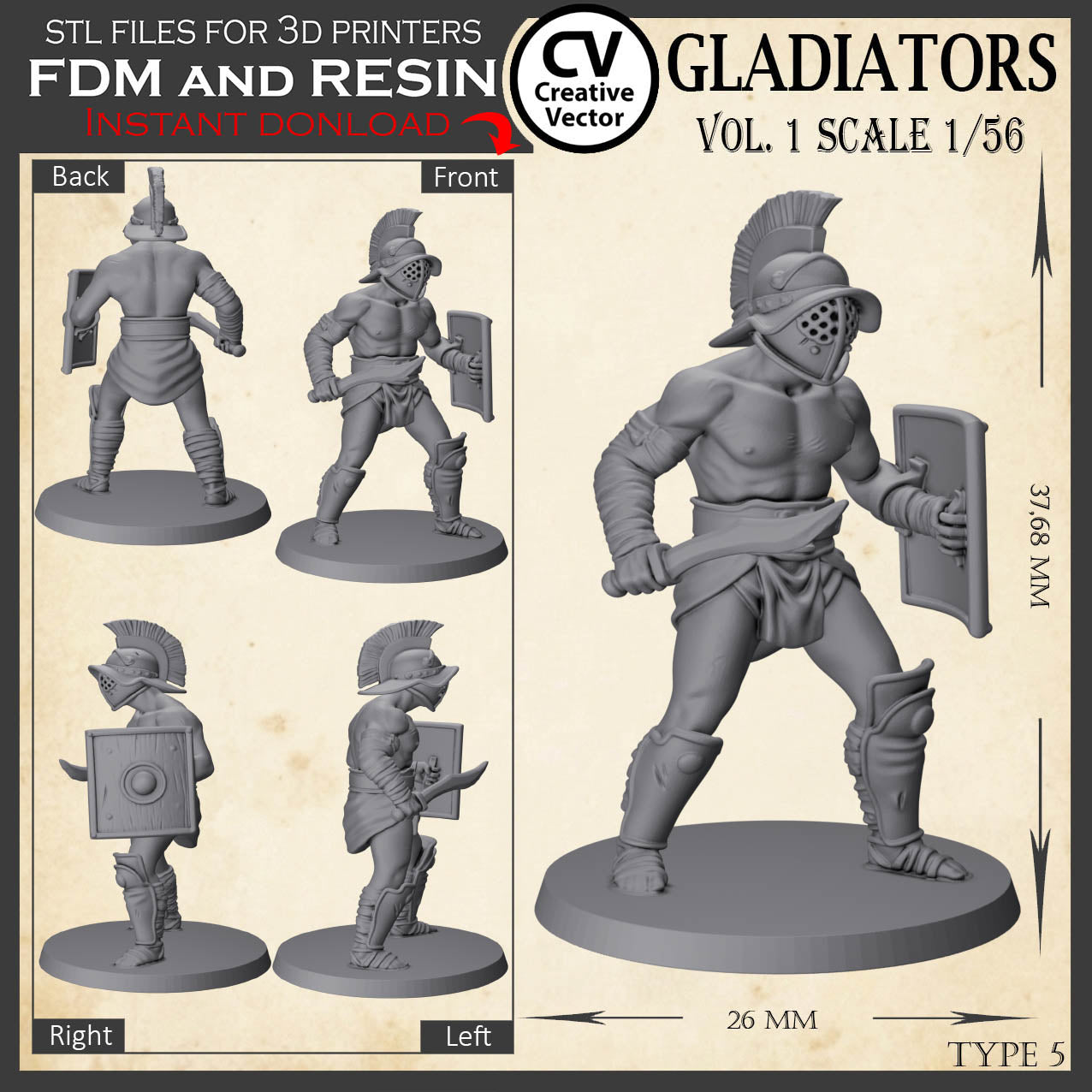 9 STL files Bundle GLADIATORS Vol. 1 - 3D Print Files Miniatures