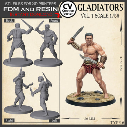 9 GLADIATORS STL Set Vol. 1 - 3D Print Files STL files in scale 28mm 1/56 on Bases