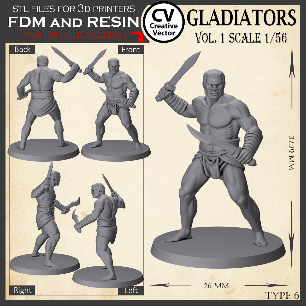 9 STL files Bundle GLADIATORS Vol. 1 - 3D Print Files Miniatures