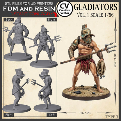 9 GLADIATORS STL Set Vol. 1 - 3D Print Files STL files in scale 28mm 1/56 on Bases