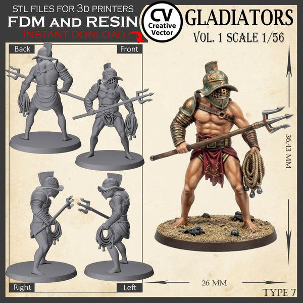 9 GLADIATORS STL Set Vol. 1 - 3D Print Files STL files in scale 28mm 1/56 on Bases