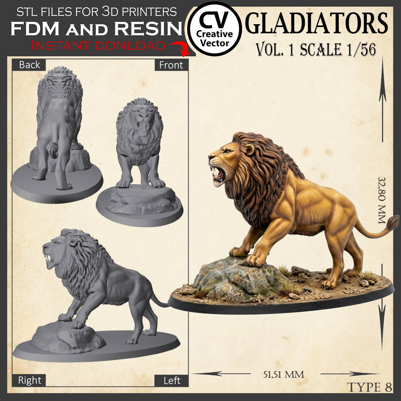 9 GLADIATORS STL Set Vol. 1 - 3D Print Files STL files in scale 28mm 1/56 on Bases