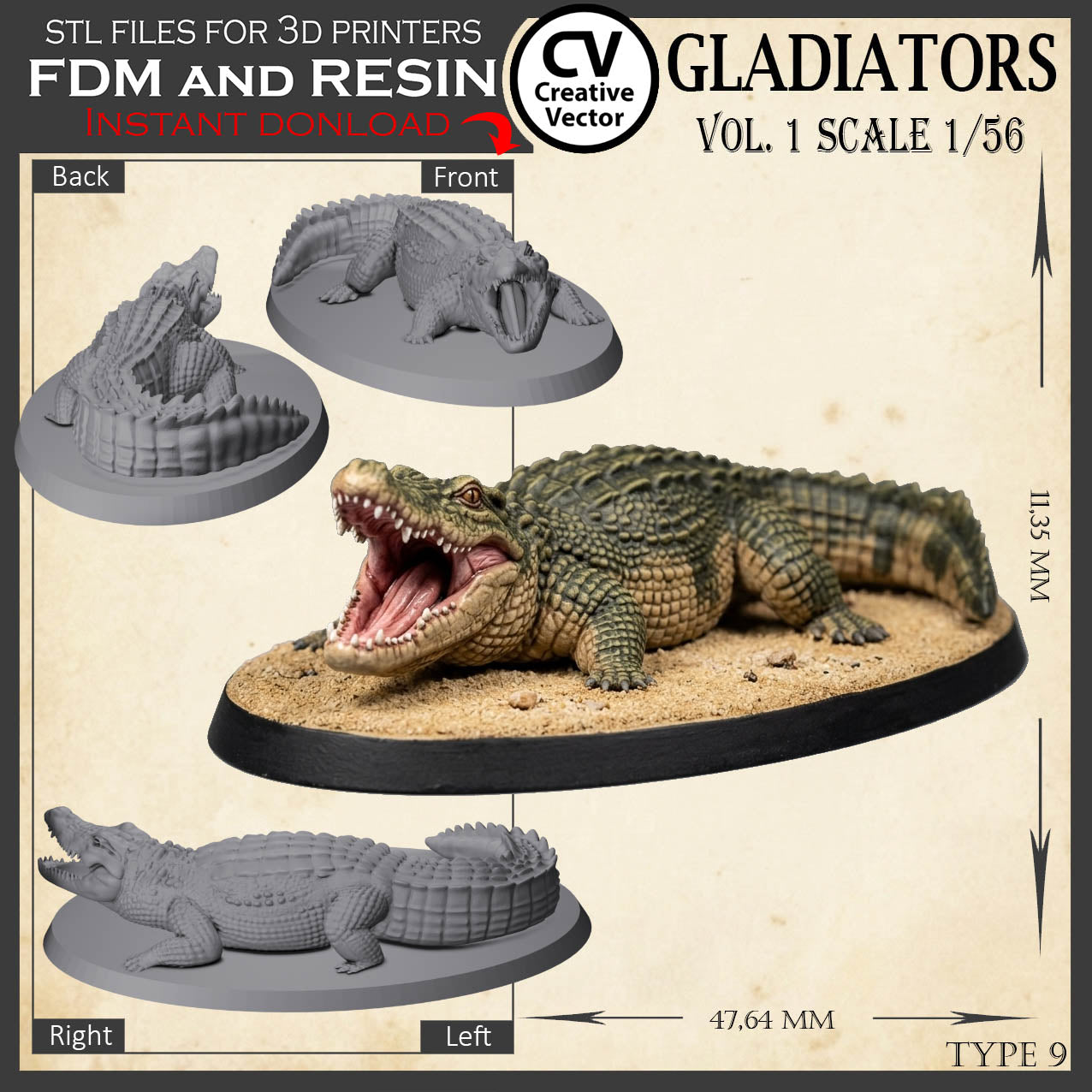 9 GLADIATORS STL Set Vol. 1 - 3D Print Files STL files in scale 28mm 1/56 on Bases