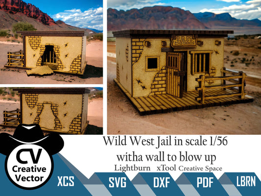 Wild West Jail with a wall to blow up in scale 1/56 mm for Wargamers