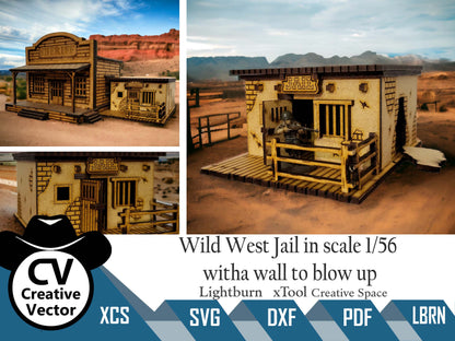 Wild West Jail with a wall to blow up in scale 1/56 mm for Wargamers