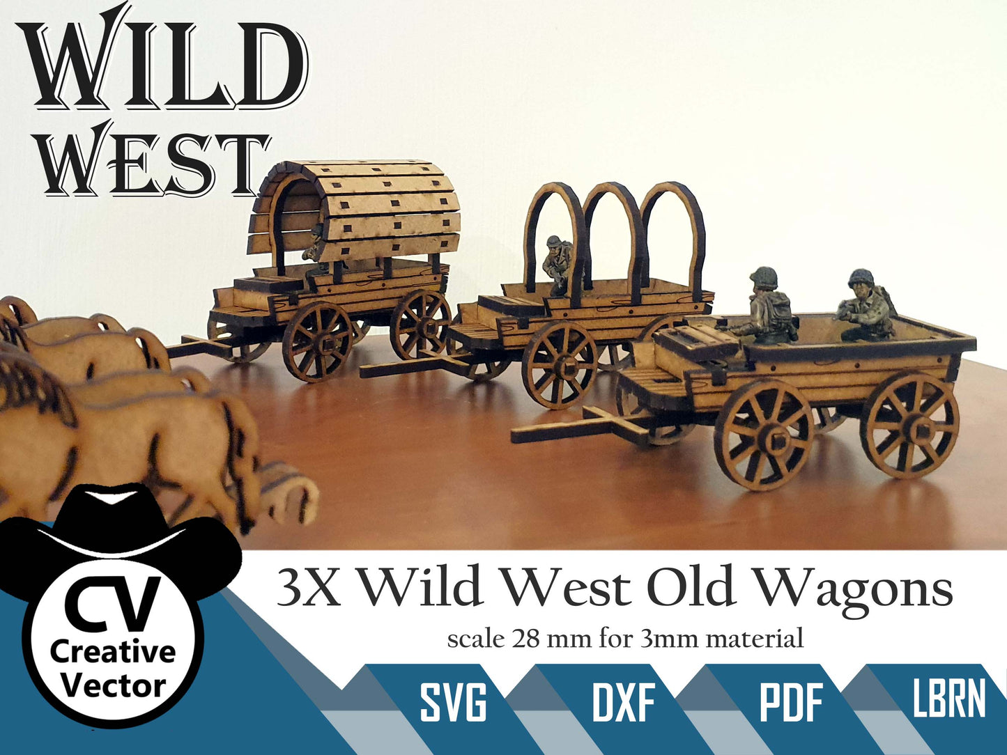 3x Wild West Old Wagons in scale 28mm (1:56) for Wargamers