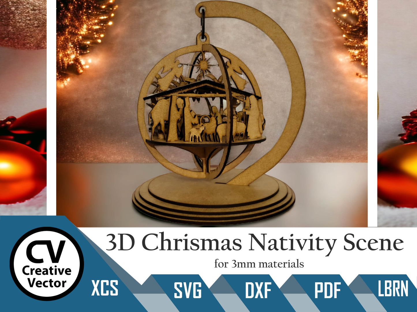 3D Christmas Nativity Scene with a standing bauble