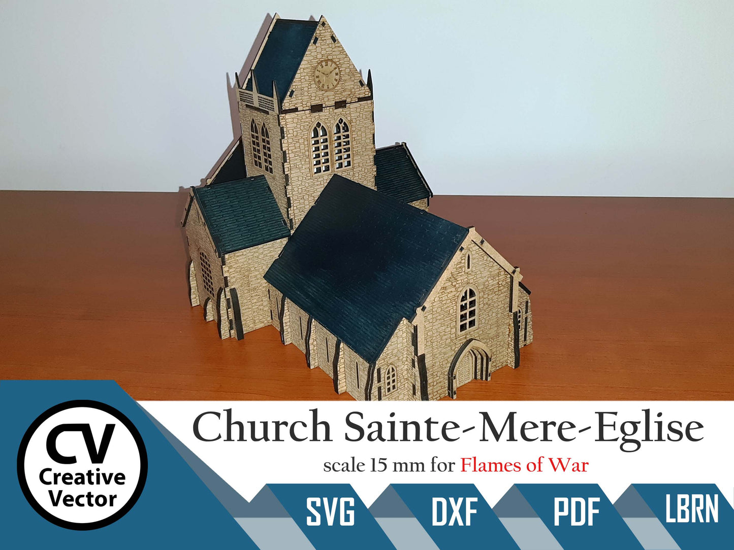 Kirche Sainte-Mere-Eglise im Maßstab 15mm (1:100 / 1:87 / H0) für das Spiel Flames of War