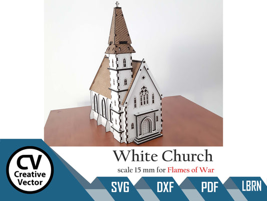 Weiße Kirche im Maßstab 15mm (1:100 / 1:87 / H0) für das Spiel Flames of War