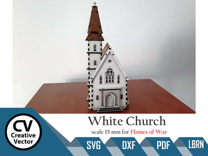 Weiße Kirche im Maßstab 15mm (1:100 / 1:87 / H0) für das Spiel Flames of War