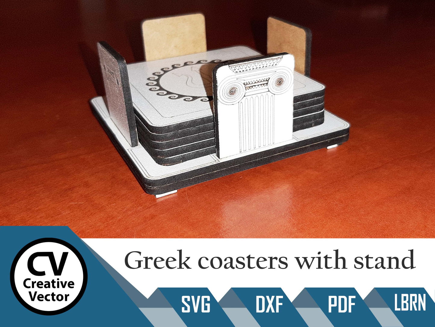 5 designs of Greek coasters with stand