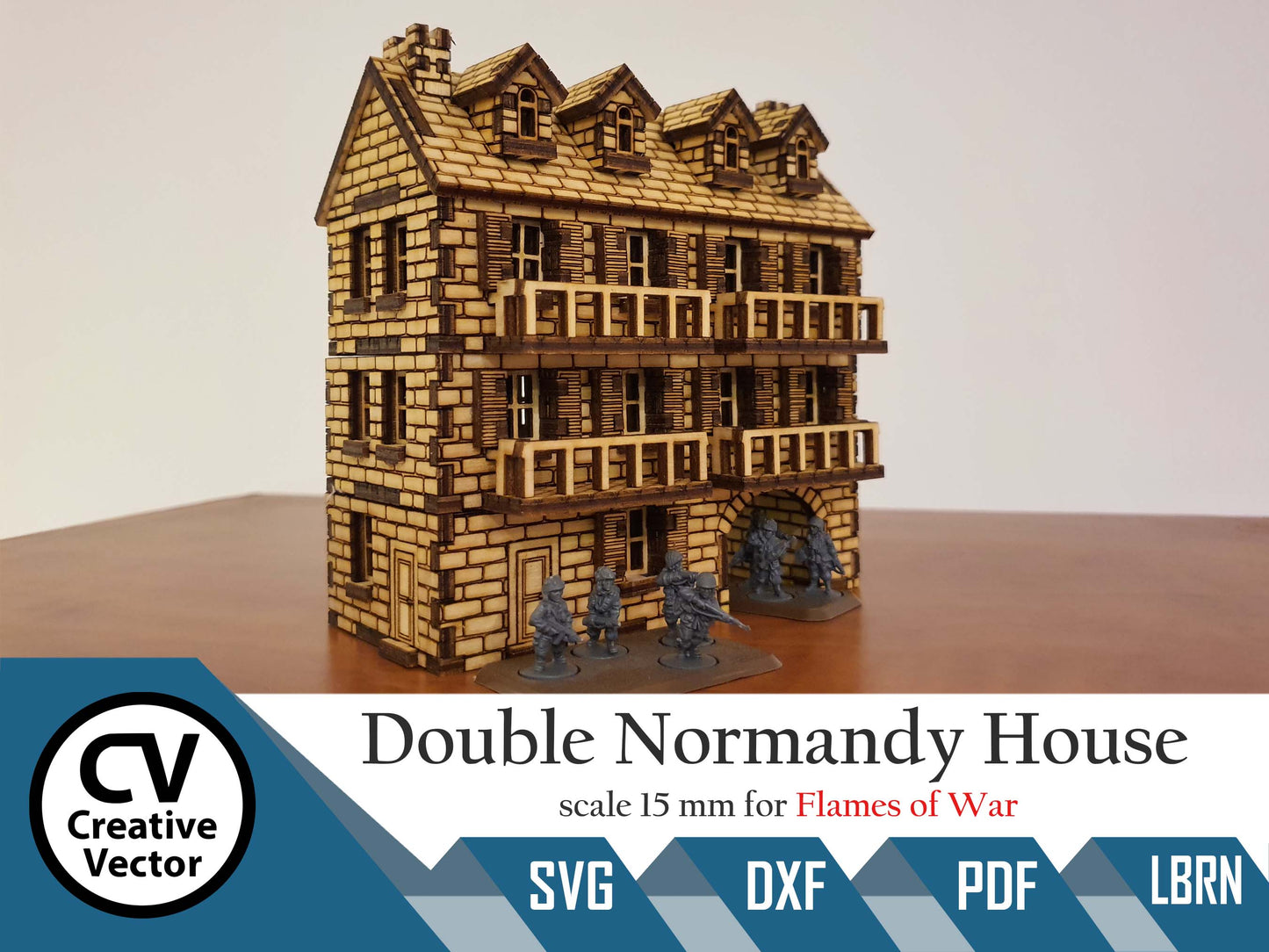 Double Normandy House with bacone in scale 15mm (1:100 / 1:87 / H0) for game Flames of War