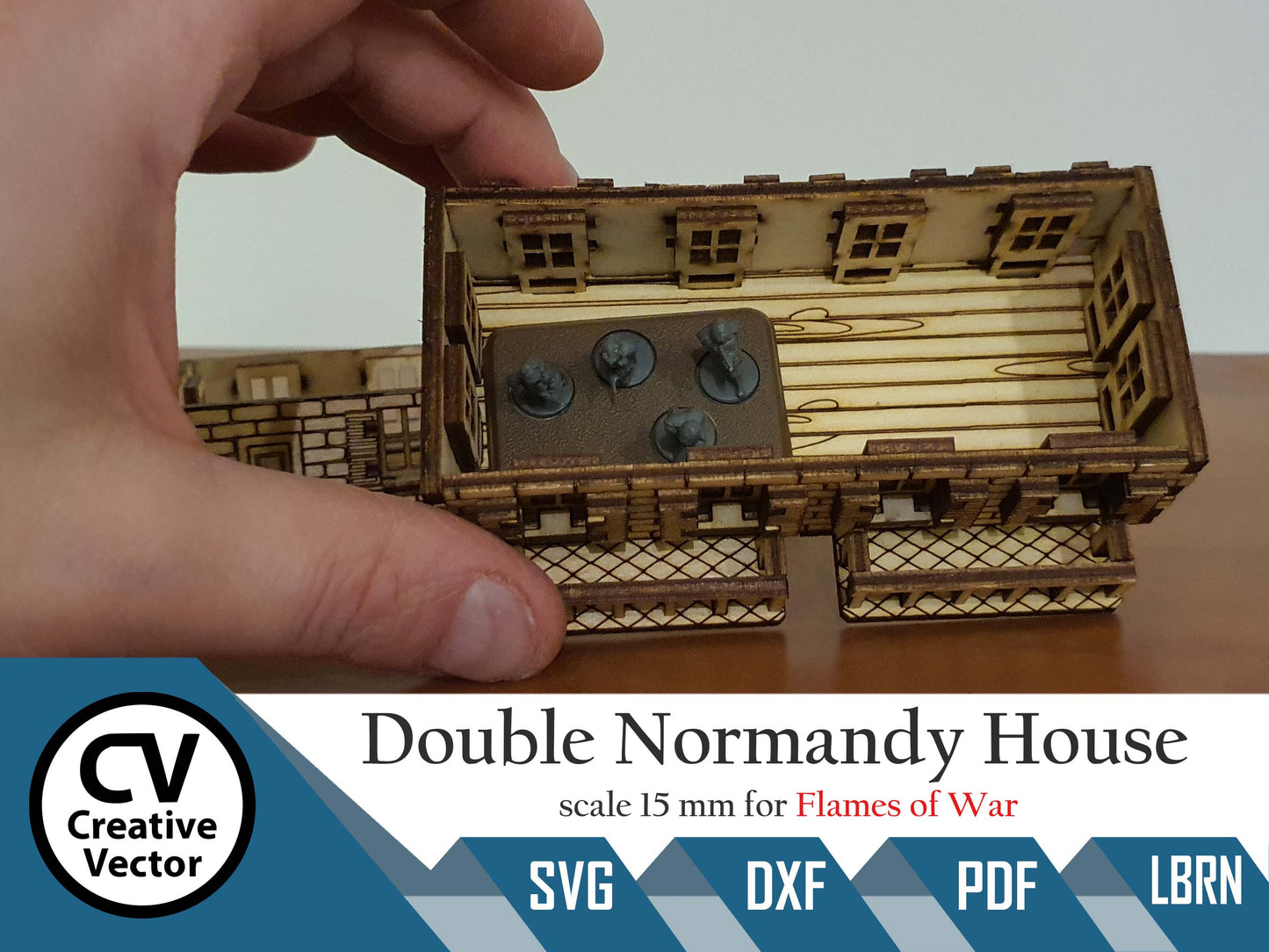 Double Normandy House with bacone in scale 15mm (1:100 / 1:87 / H0) for game Flames of War