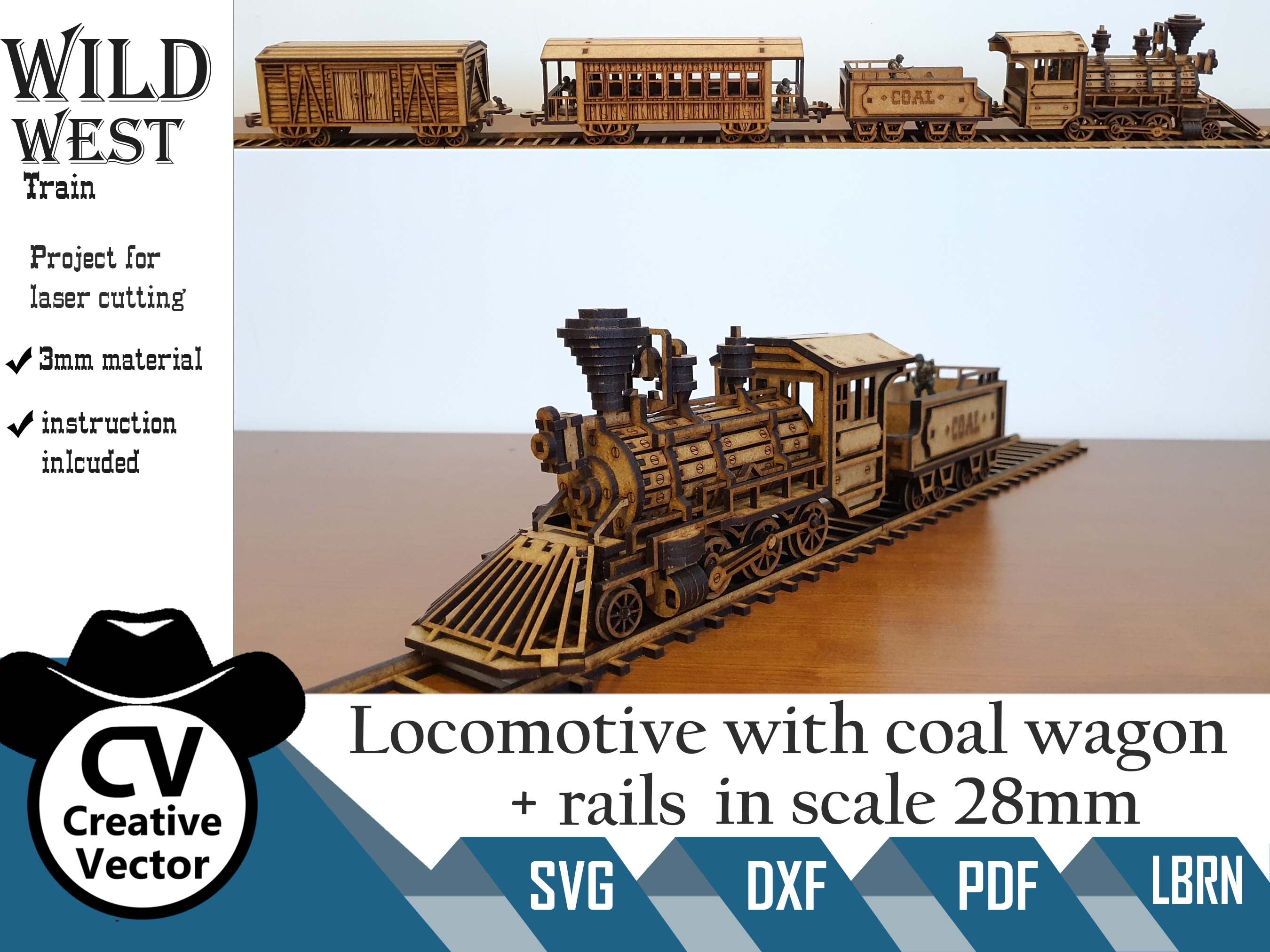 Wild West Locomotive with coal wagon + rails in scale 28mm for Wargame ...