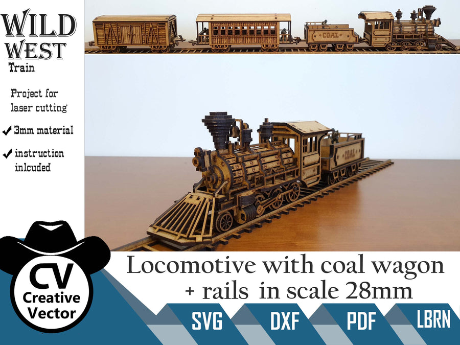 Wild West Locomotive with coal wagon + rails  in scale 28mm for Wargamers
