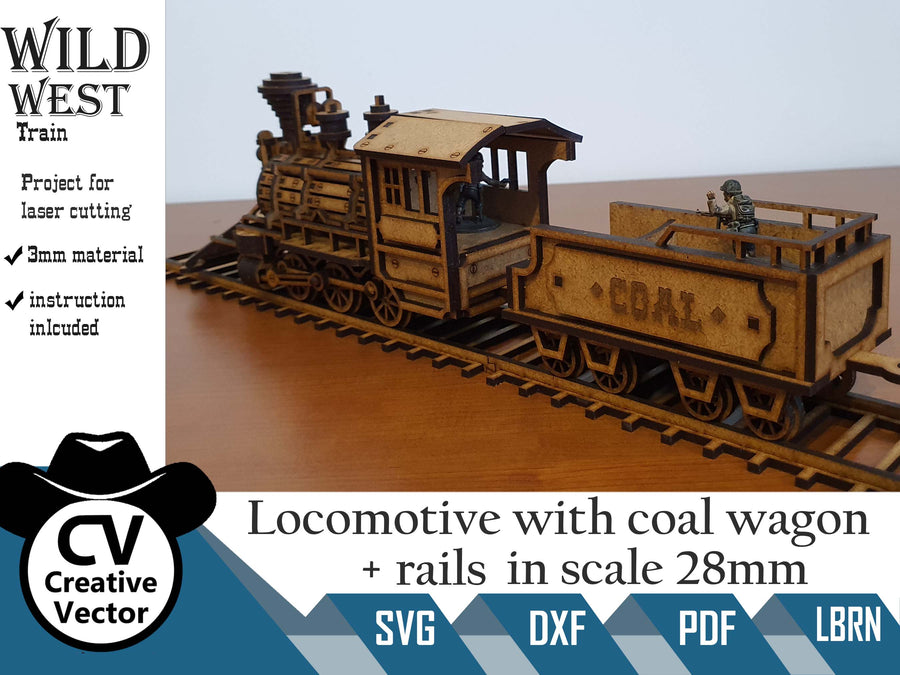 Wild West Locomotive with coal wagon + rails  in scale 28mm for Wargamers
